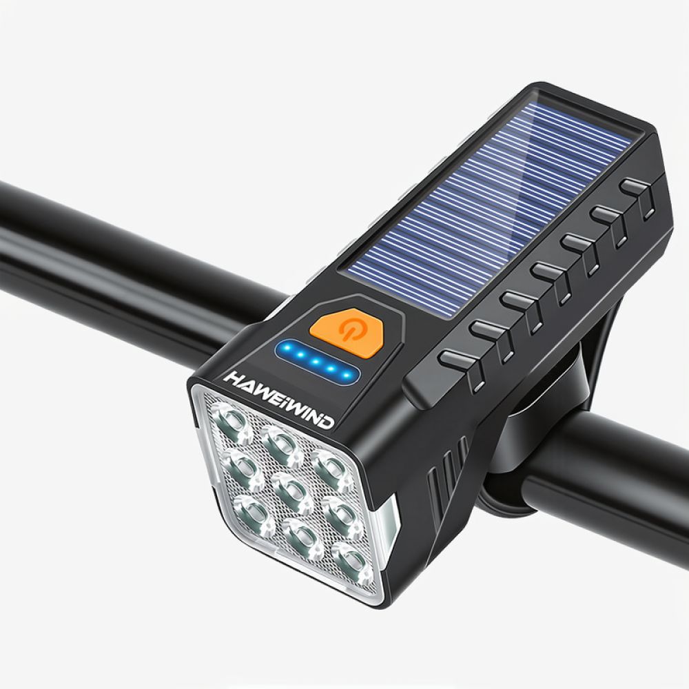 Cycling Commute Gear - Solarbetriebene Fahrrad-Scheinwerferlampe, USB-wiederaufladbar, Frontlampe, Fahrradhupe, LED-Sicherheitswarnleuchte